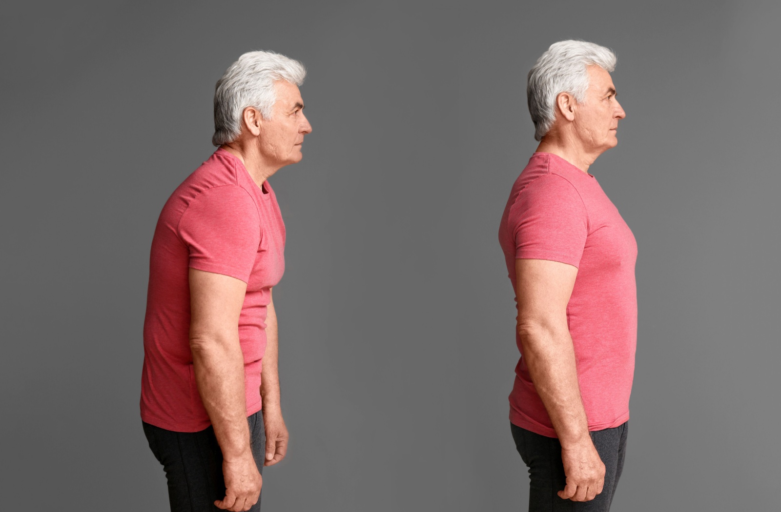 Two side-by-side images of a senior on a gray back ground. In one image, they're hunched over; in the other, their posture is strong and upright.